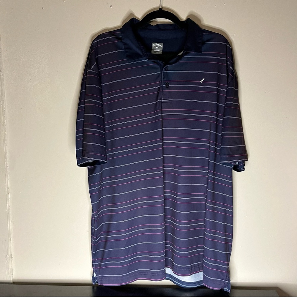 Callaway Men’s Navy Polo with Pink & Light Blue Stripes